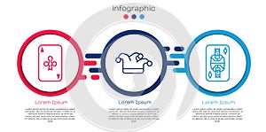 Set line Playing card with clubs, Joker playing card and King playing card with diamonds. Business infographic template