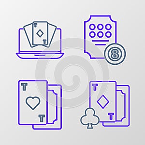 Set line Playing card with diamonds, heart, Online slot machine and poker table game icon. Vector