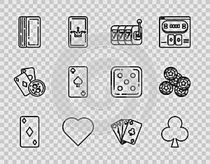 Set line Playing card with diamonds symbol, clubs, Slot machine lucky sevens jackpot, heart, Deck of playing cards