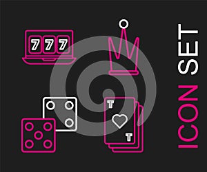 Set line Playing card with heart, Game dice, Crown and Online slot machine lucky sevens jackpot icon. Vector