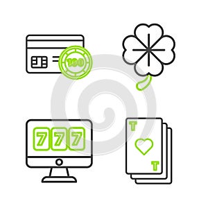 Set line Playing card with heart, Online slot machine lucky sevens jackpot, Four leaf clover and Credit icon. Vector