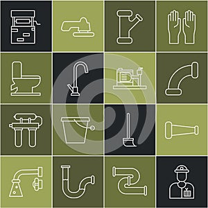 Set line Plumber, Industry metallic pipe, Water tap, Toilet bowl, Well and Electric water pump icon. Vector