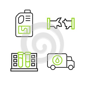 Set line Plumber service car, Test tube with water drop, Broken pipe and Drain cleaner bottle icon. Vector