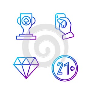 Set line 21 plus, Diamond, Casino poker trophy cup and Hand holding playing cards. Gradient color icons. Vector