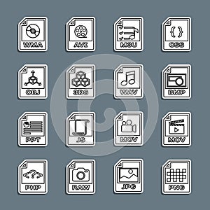 Set line PNG file document, MOV, BMP, M3U, 3DS, OBJ, WMA and WAV icon. Vector