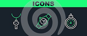 Set line Pocket watch, Christian cross on chain and Wrist icon. Vector