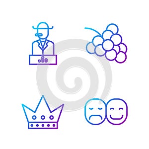 Set line Poker player, King playing card, Poker player and Casino slot machine with grape. Gradient color icons