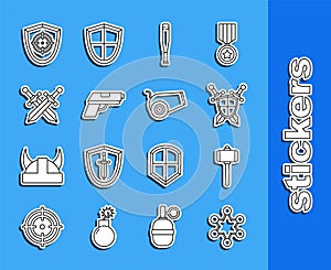 Set line Police badge, Battle hammer, Medieval shield with crossed swords, Baseball bat, Pistol gun, Crossed medieval