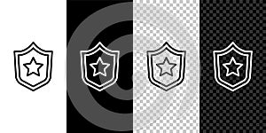 Set line Police badge icon isolated on black and white, transparent background. Sheriff badge sign. Shield with star