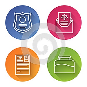 Set line Police badge, Subpoena, Lawsuit paper and Inkwell. Color circle button. Vector