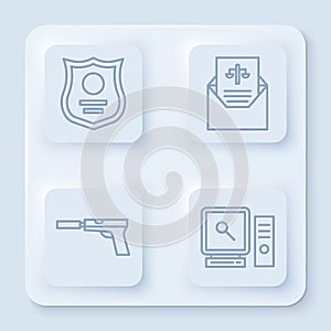 Set line Police badge, Subpoena, Pistol or gun with silencer and Search on computer screen. White square button. Vector