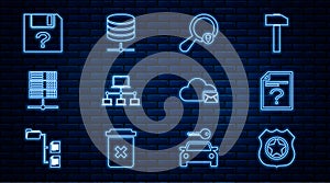 Set line Police badge, Unknown document, Search location, Computer network, Server, Data, Web Hosting, Cloud mail server