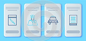 Set line Police officer, car and flasher, Evidence bag knife and Law book icon. Vector