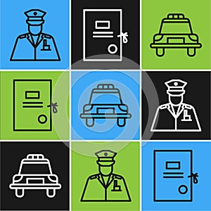 Set line Police officer, Police car and flasher and Lawsuit paper icon. Vector