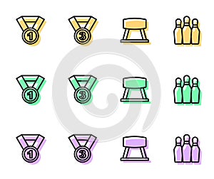 Set line Pommel horse, Medal, and Bowling pin icon. Vector