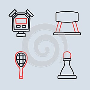 Set line Pommel horse, Tennis racket, Chess and Stopwatch icon. Vector