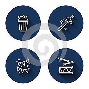 Set line Popcorn in cardboard box, Magic wand, Carnival garland with flags and Drum drum sticks with long shadow. Blue