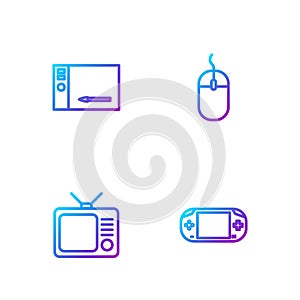 Set line Portable video game console, Retro tv, Graphic tablet and Computer mouse. Gradient color icons. Vector