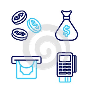 Set line POS terminal with credit card, ATM and money, Money bag and Coin dollar icon. Vector