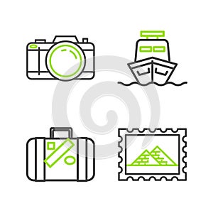 Set line Postal stamp and Egypt pyramids, Suitcase for travel stickers, Ship and Photo camera icon. Vector