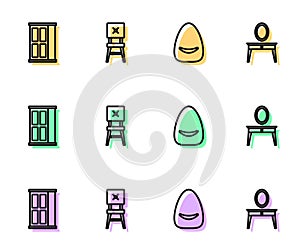 Set line Pouf, Wardrobe, Chair and Dressing table icon. Vector