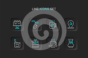 Set line Pour over coffee maker, Coffee cup, French press, Manual grinder, Location with, beans and Cake icon. Vector