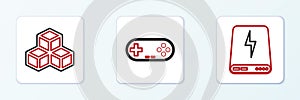 Set line Power bank, Isometric cube and Gamepad icon. Vector