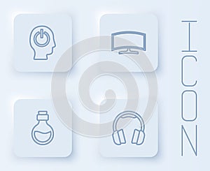 Set line Power button, Computer monitor, Bottle with magic elixir and Headphones. White square button. Vector