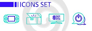Set line Power button, Computer monitor, Chest for game and Portable video console icon. Vector