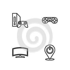 Set line Power button, Computer monitor, Game console with joystick and controller icon. Vector