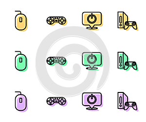 Set line Power button, Computer mouse, Game controller or joystick and console with icon. Vector