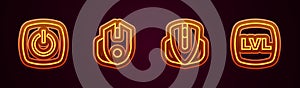 Set line Power button, Computer mouse, and Level game. Glowing neon icon. Vector