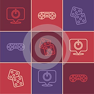 Set line Power button, Game dice and controller or joystick icon. Vector