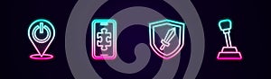 Set line Power button, Mobile gaming, Sword for game and Gear shifter. Glowing neon icon. Vector