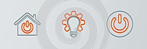 Set line Power button, Smart home and Light bulb and gear icon. Vector