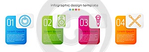 Set line Power button, Stereo speaker, Microphone and Drum sticks. Business infographic template. Vector