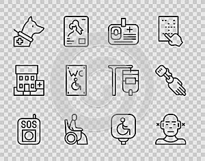 Set line Press the SOS button, Deaf, Identification badge, Woman in wheelchair, Guide dog, Separated toilet for disabled