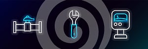 Set line Pressure water meter, Industry pipe and valve and Wrench spanner icon. Glowing neon. Vector