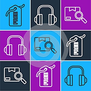 Set line Price tag with Free, Search package and Headphones icon. Vector