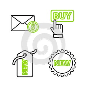 Set line Price tag with New, Buy button and Envelope coin dollar icon. Vector