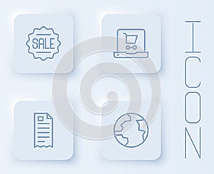 Set line Price tag with Sale, Shopping cart on screen laptop, Financial check and Worldwide. White square button. Vector