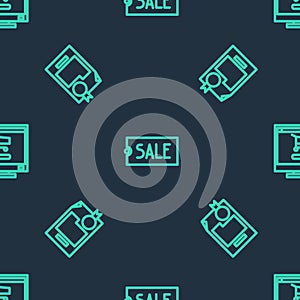 Set line Price tag with text Sale, Certificate template and Shopping cart on computer on seamless pattern. Vector