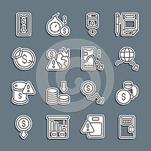 Set line Prison cell door, Debt ball chained to coin, Global economic crisis, Drop crude oil price, Dollar rate decrease