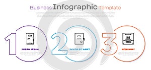 Set line Prison cell door, Lawsuit paper and Wanted poster. Business infographic template. Vector
