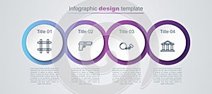 Set line Prison window, Pistol or gun, Ball chain and Courthouse building. Business infographic template. Vector