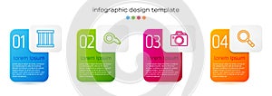 Set line Prison window, Whistle, Photo camera and Magnifying glass with search. Business infographic template. Vector