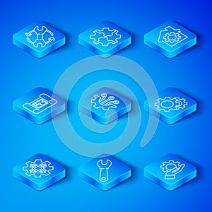 Set line Processor, Algorithm, Wrench spanner, Gear, House with gear, plan, and arrows as workflow and Settings in the