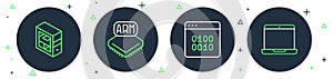 Set line Processor, Binary code, Computer and Laptop icon. Vector