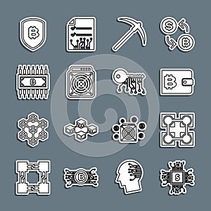 Set line Processor chip with dollar, Blockchain technology, Cryptocurrency wallet, Pickaxe, ASIC Miner, bitcoin circuit