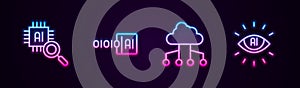 Set line Processor CPU, Binary code, Network cloud connection and Artificial intelligence AI. Glowing neon icon. Vector